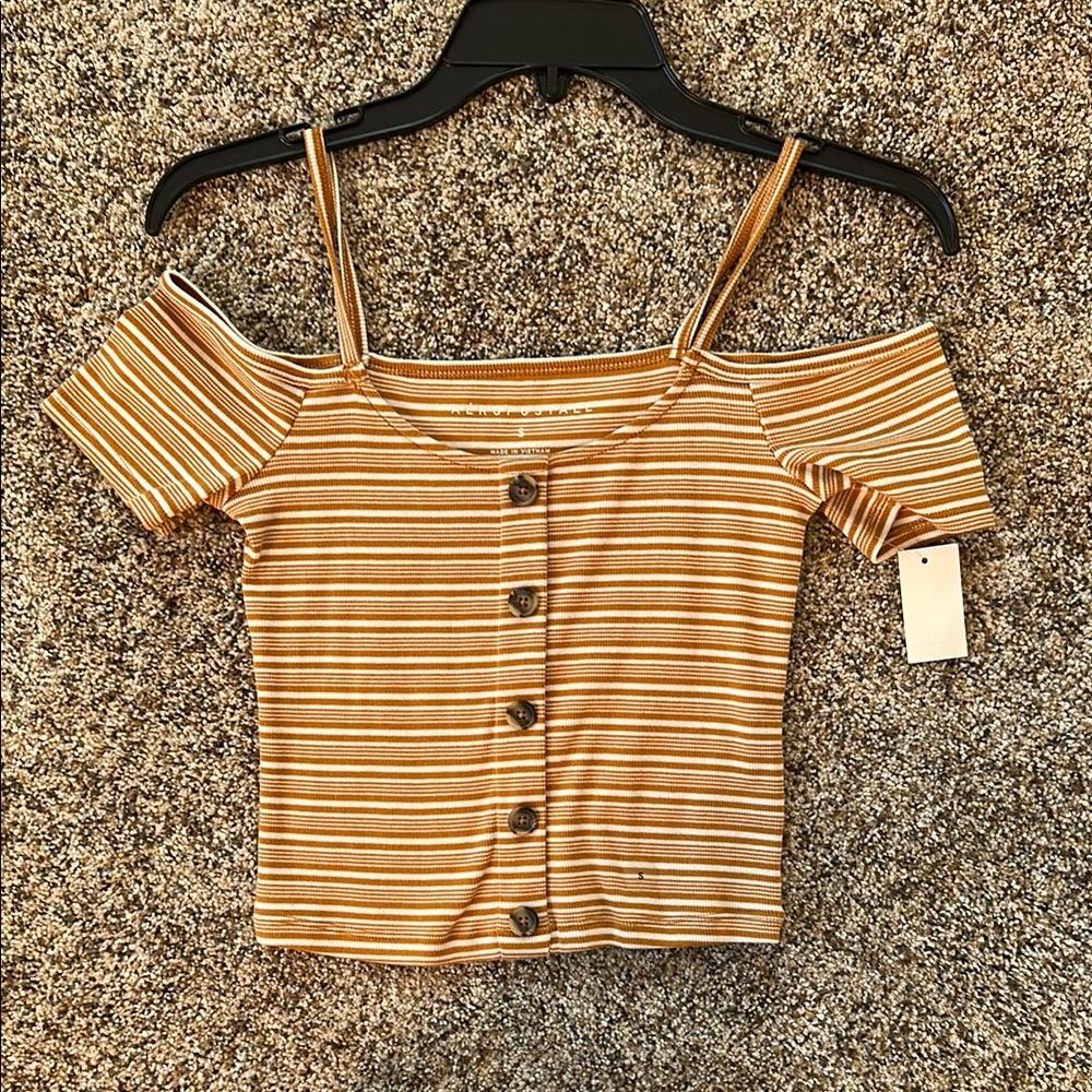 Striped Tan Button-Up Women's Top